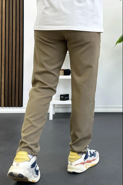 Erkek Slim Fit Beli İpli Düğmeli Pantolon Kahverengi Edw403 - Resim 3