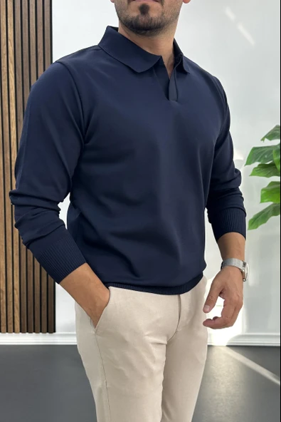 Erkek Açık Yaka Düz Desen Normal Kalıp Kazak Lacivert Edw423 - Resim 2