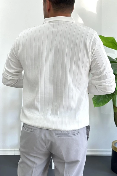 Erkek Açık Yaka Normal Kalıp Kazak Beyaz  Edw412 - Resim 3