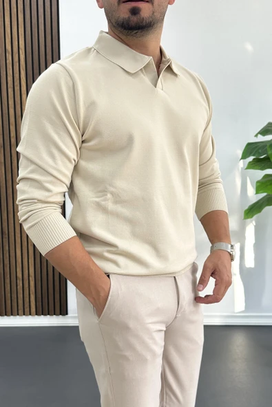 Erkek Açık Yaka Düz Desen Normal Kalıp Kazak Krem Edw423 - 2