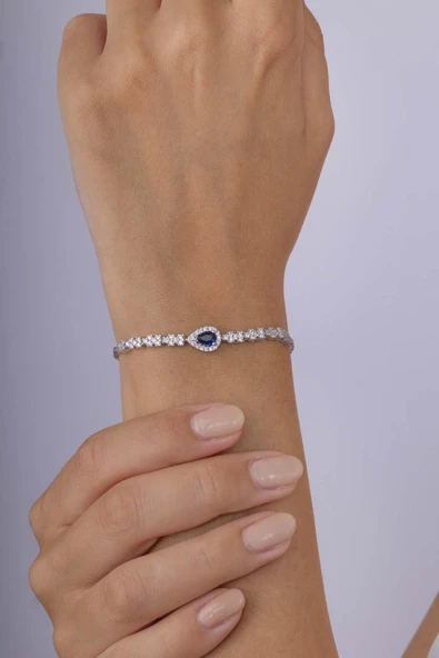 Gümüş Pazarım Safir Taşlı Damla Motifli Rodyum Kaplama Gümüş Bileklik ürün görseli 1