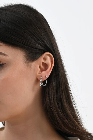 925 ayar gümüş rodyumlu kristal kesim zirkon taşlı çift delikli kullanılabilen gümüş zincir küpe SGTL13072RODAJ - Resim 2