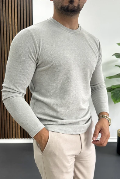 Erkek Oval Kesim Bisiklet Yaka Mevsimlik Sweatshirt Gri Edw421 - Resim 2