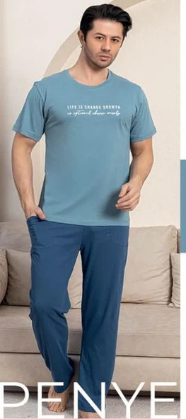 Pijamerry Erkek Bisiklet Yaka Kısa Kol Penye Pijama Takımı 5832 - 1 Adet  2XL Açık Mavi - Resim 3