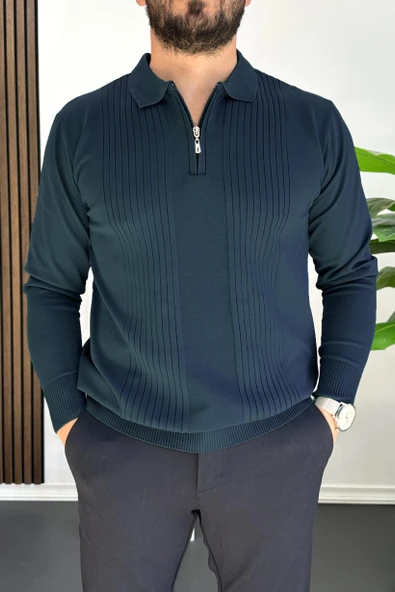 Erkek Çizgi Desenli Normal Kalıp Kazak Lacivert Edw422 ürün görseli 1