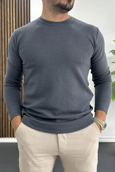 Erkek Oval Kesim Bisiklet Yaka Mevsimlik Sweatshirt Füme Edw421 ürün görseli