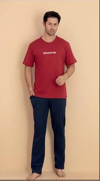 Pijamerry Erkek Bisiklet Yaka Kısa Kol Penye Pijama Takımı 6318 - 1 Adet  XL Kırmızı - Resim 3