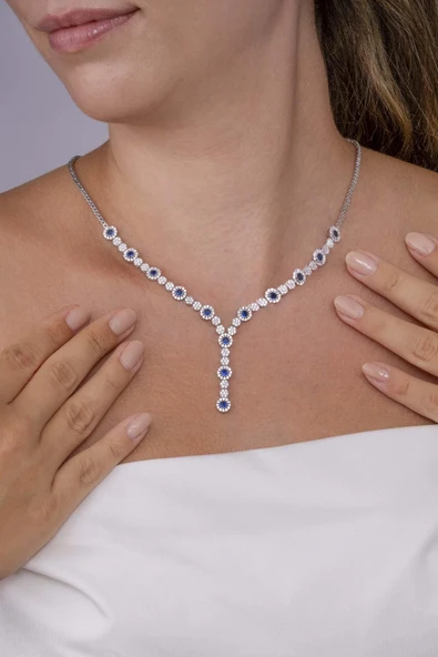 Gümüş Pazarım Safir Taşlı Su Yolu Pırlanta Montür Rodyum Kaplama Gümüş Kolye - 3