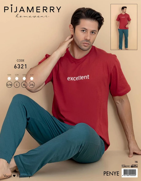 Pijamerry Erkek Bisiklet Yaka Kısa Kol Penye Pijama Takımı 6321 - 1 Adet  XL Kırmızı - Resim 3