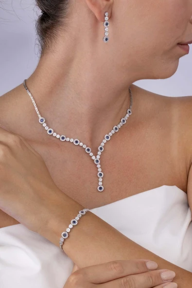 Gümüş Pazarım Safir Taşlı Su Yolu Pırlanta Montür Rodyum Kaplama Gümüş Düğün Seti - Resim 2