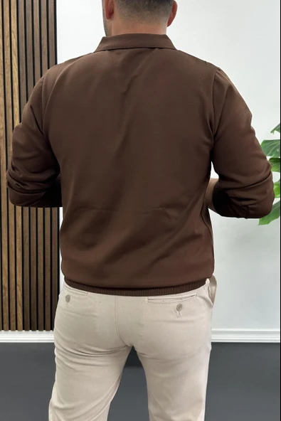 Erkek Yarım Fermuarlı Düz Desen Polo Yaka Kazak Kahverengi Edw424 - Resim 3