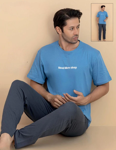 Pijamerry Erkek Bisiklet Yaka Kısa Kol Penye Pijama Takımı 6319 - 1 Adet  2XL Mavi ürün görseli