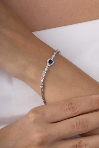 Gümüş Pazarım Safir Taşlı Damla Motifli Rodyum Kaplama Gümüş Bileklik - Resim 3