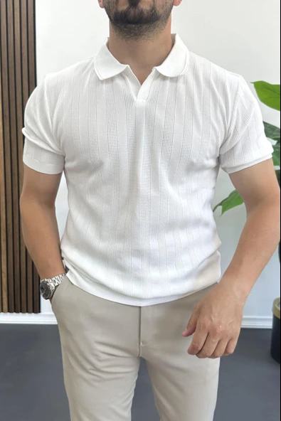 Erkek Açık Yaka Desenli Tişört Beyaz Edw385 - Resim 2