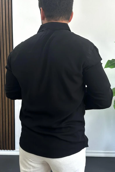 Erkek Viskon Kumaş Uzun Kollu Gömlek Siyah Edw391 - Resim 3