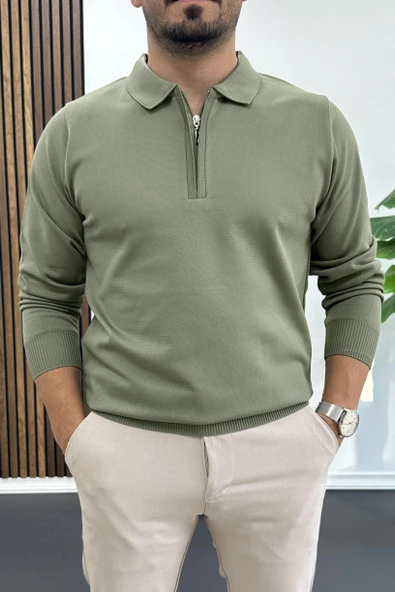 Erkek Yarım Fermuarlı Düz Desen Polo Yaka Kazak Haki Edw424 ürün görseli