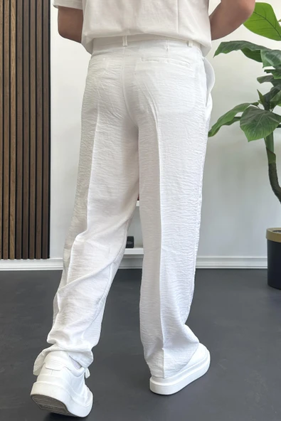 Erkek Beli Düğmeli Rahat Kalıp Yazlık Pantolon Beyaz Edw393 - Resim 3
