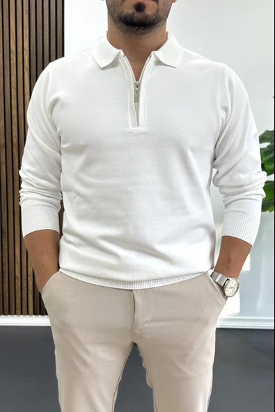 Erkek Yarım Fermuarlı Düz Desen Polo Yaka Kazak Beyaz Edw424 ürün görseli