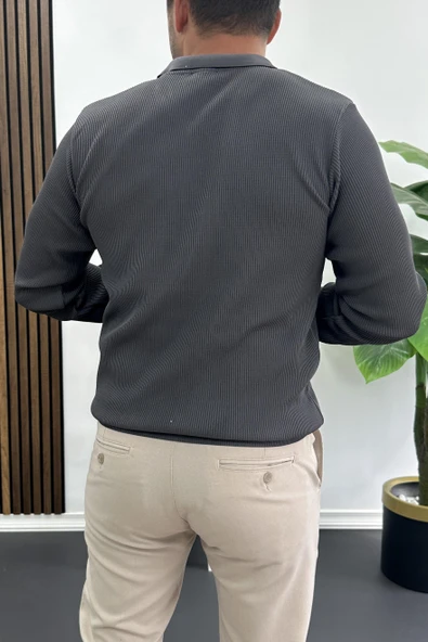 Erkek Slim Fit Desenli Polo Yaka Kazak Gri Edw426 - Resim 3