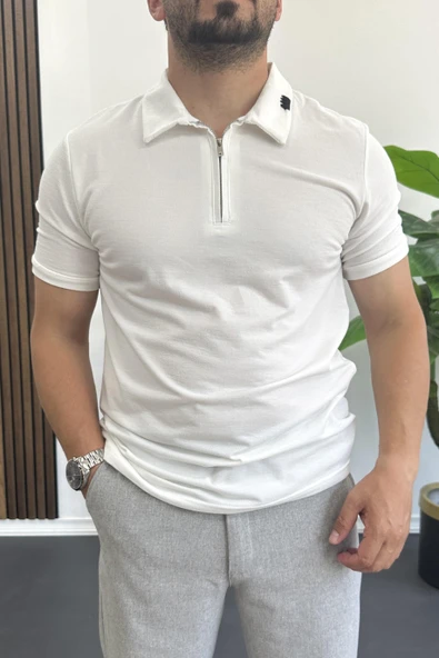 Erkek Yakası ve Kolu Nakış Detaylı Polo Yaka Fermuarlı Tişört Beyaz Edw392 ürün görseli