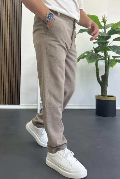 Erkek Normal Kesim Keten Pantolon Açık Kahverengi Edw386 - Resim 2