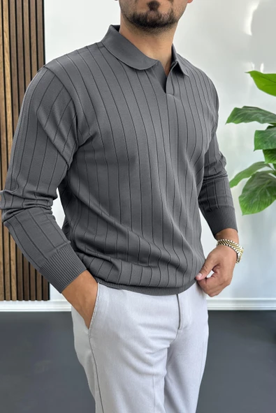 Erkek Açık Yaka Normal Kalıp Kazak Antrasit Edw412 - Resim 2