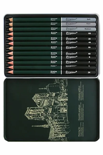 Karakalem Seti 12 Parça 1 Paket Teneke Metal Kutu Eskiz Çizim Seti Kara Kalem