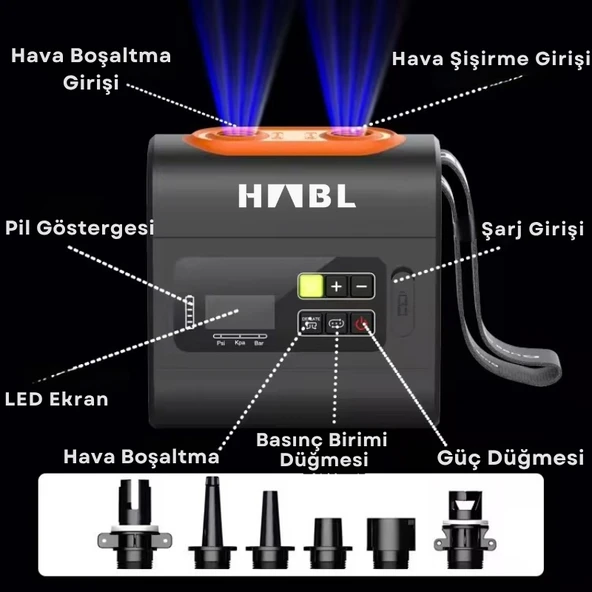 HABL Şarjlı Dijital Şişirme Pompası (Çadır/Paddle Board/Şişme Yatak vb) 22 Psi 1.5 Bar - Resim 2