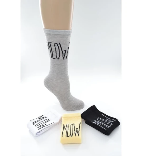 Kız Çocuk MEOW Yazılı Pamuklu Soket Çorap M00762 ürün görseli 1