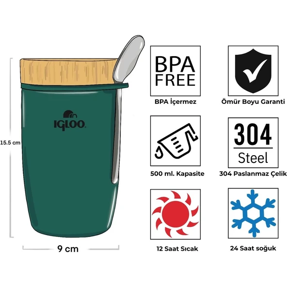 Igloo Bamboo Yemek Termosu 500ml-YEŞİL - Resim 8