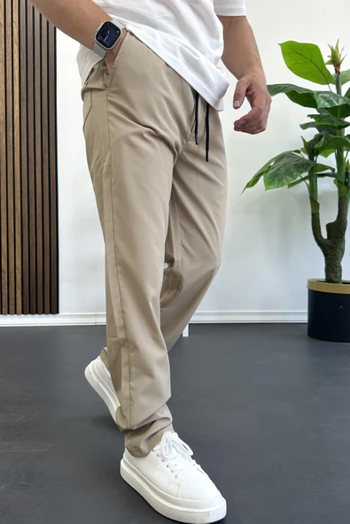 Erkek Beli Lastikli Jogger Pantolon Krem Edw394 - Resim 2