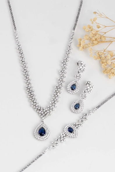 Gümüş Pazarım Hürrem Sultan Modeli Safir Taşllı Damla Motifli 925 Ayar Gümüş Set - 4
