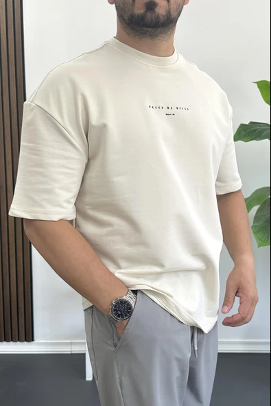 Erkek Kabartmalı Sırt Baskılı Oversize Tişört Krem Edw390 - Resim 3