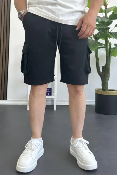 Erkek Beli Lastikli Cepli Şort Siyah Edw388 - Resim 2