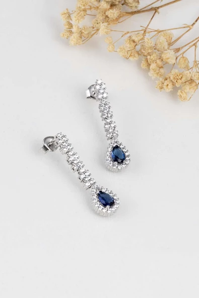 Gümüş Pazarım Safir Taşlı Damla Motifli Rodyum Kaplama Gümüş Küpe - Resim 4