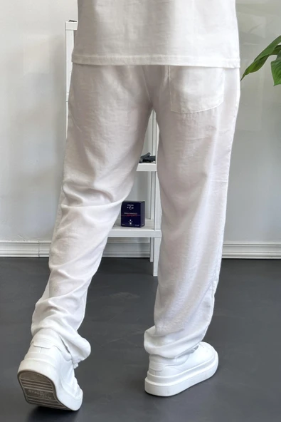 Erkek Beli Lastikli Modal Kumaş Rahat Kesim Pantolon Beyaz Edw396 - Resim 3