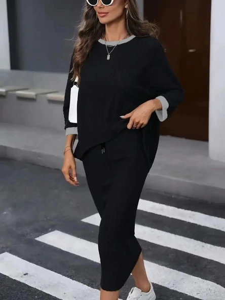 MDB Kadın Uzun Kollu Yakası Açık şardonlu Kaşkorse Bluz Ve Eteği Bağcıklı Ikili Takım ürün görseli