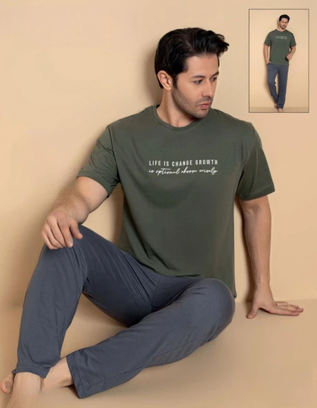 Pijamerry Erkek Bisiklet Yaka Kısa Kol Penye Pijama Takımı 6133 - 1 Adet  Haki S - M ürün görseli