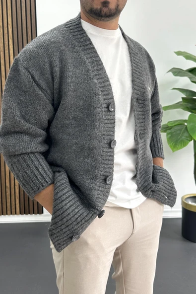 Erkek Düğmeli Rahat Kesim Hırka Antrasit Edw416 - Resim 2