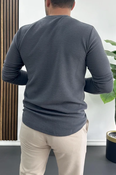 Erkek Oval Kesim Bisiklet Yaka Mevsimlik Sweatshirt Füme Edw421 - Resim 3