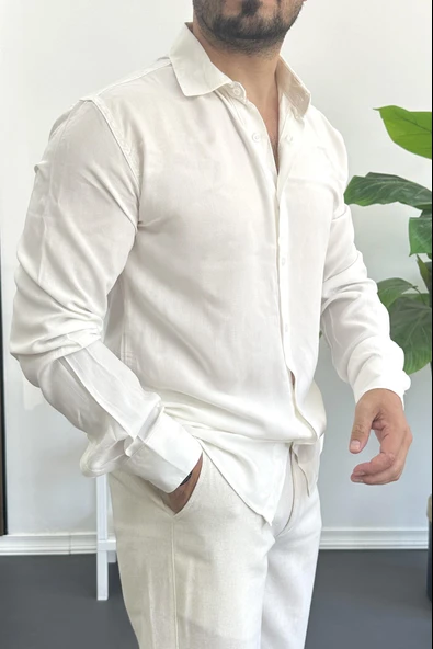 Erkek Viskon Kumaş Uzun Kollu Gömlek Beyaz Edw391 - Resim 2