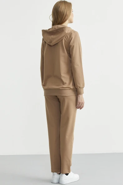 Oversize Kapüşonlu Fermuarlı Eşofman Takım - Kamel - Resim 6