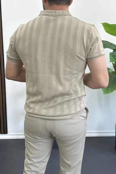 Erkek Açık Yaka Desenli Tişört Vizon Edw385 - Resim 3