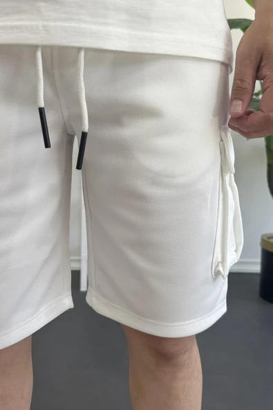 Erkek Beli Lastikli Cepli Şort Beyaz Edw388 - Resim 4