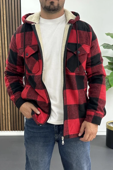 Erkek İçi Kürklü Kapüşonlu Ceket Kırmızı Edw418 ürün görseli