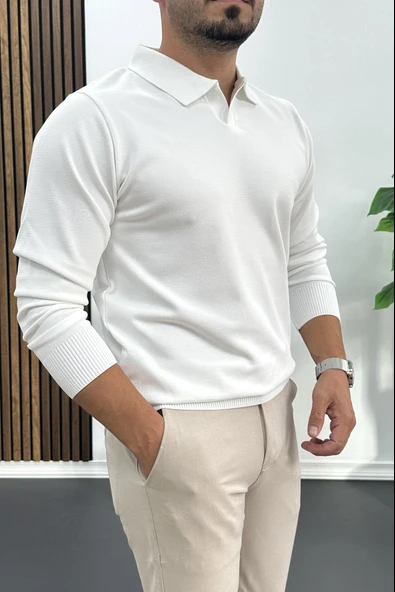 Erkek Açık Yaka Düz Desen Normal Kalıp Kazak Beyaz Edw423 - Resim 2