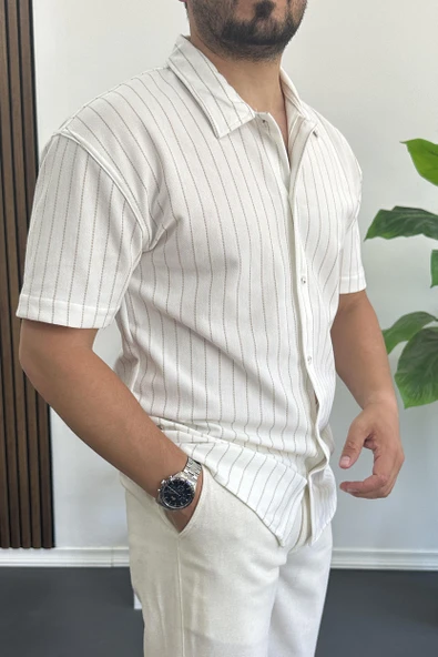 Erkek Dik Çizgili Kısa Kollu Gömlek Krem Edw387 - Resim 2
