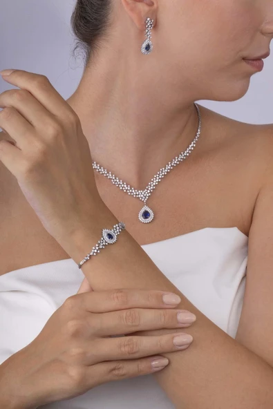 Gümüş Pazarım Hürrem Sultan Modeli Safir Taşllı Damla Motifli 925 Ayar Gümüş Set - 3