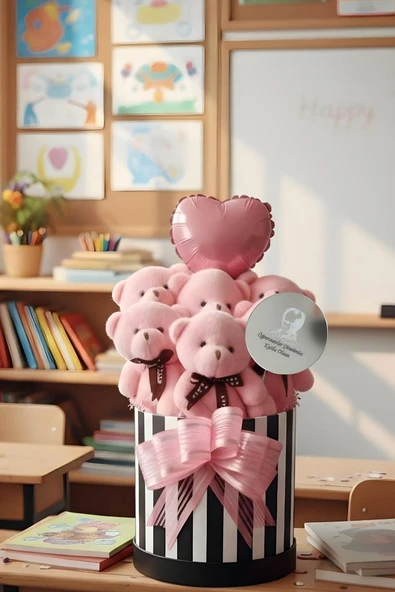 Öğretmenler Günü Özel: Atatürk Temalı Kutlama Aynalı Premium Kutuda, Kalpli Balonlu 6’lı Pembe Ayıcık Buketi- Öğretmene Hediye - Resim 2