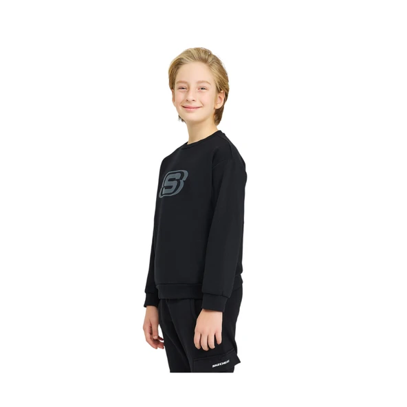 B Essential Crew Neck Sweatshirt Büyük Erkek Çocuk Siyah Sweatshirt Sk232065-001 - Resim 4